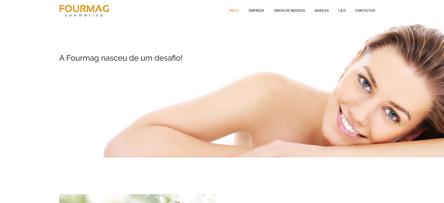 A woman's shoulder and arm with relaxed pose, featured in the Fourmag cosmetics website header design, showcasing text in Portuguese.